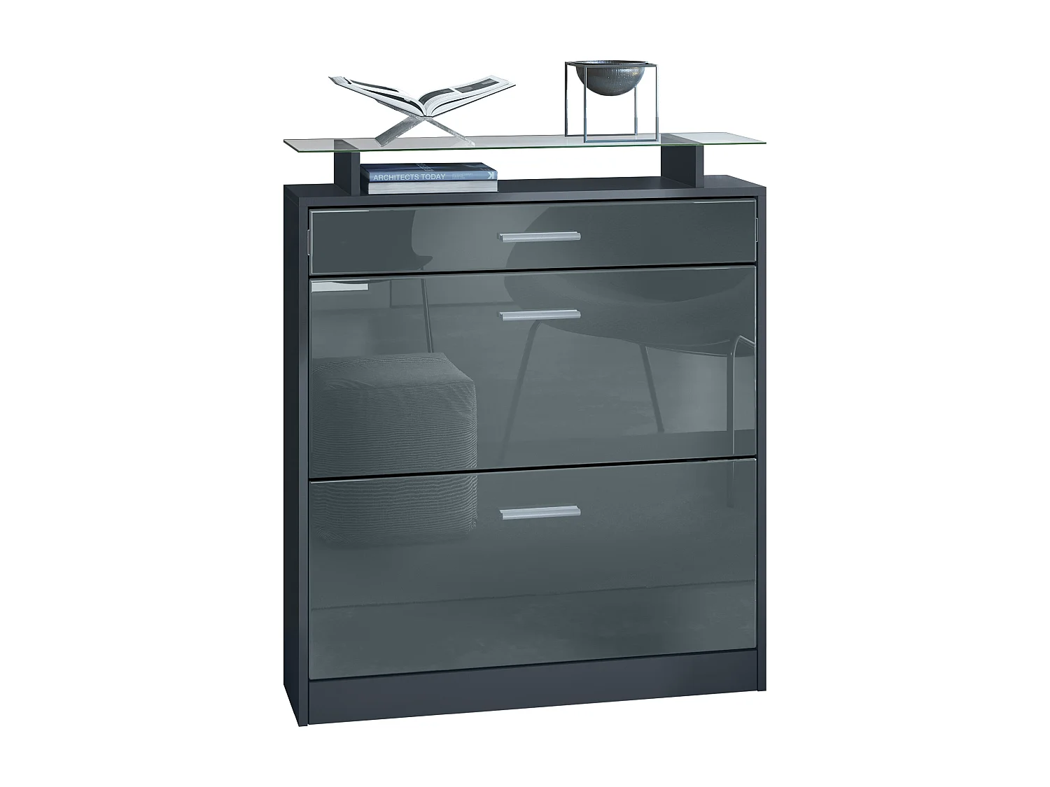 Scarpiera Loret 89 x 104 x 23 cm per 16 paia di scarpe, con ripiano in vetro, struttura in antracite opaco, frontale in grigio lucido.