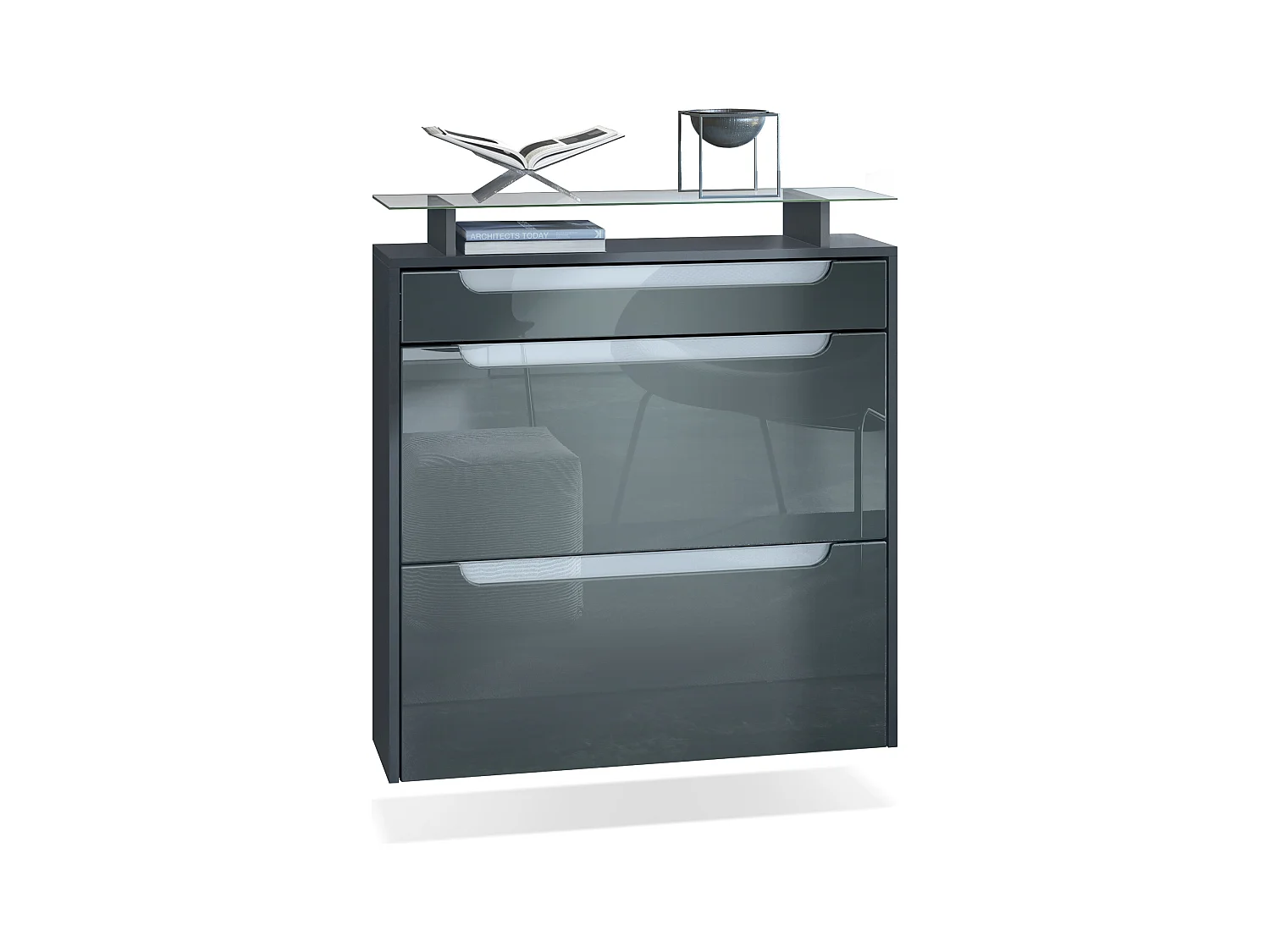 Meuble chaussures Annie pour 16 paires de chaussures avec clapets et tablette en verre, Anthracite mat/Gris brillant, poignées Blanc brillant (89x96x23 cm)