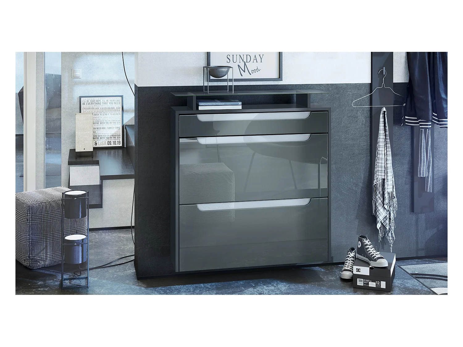 Meuble chaussures Annie pour 16 paires de chaussures avec clapets et tablette en verre, Anthracite mat/Gris brillant, poignées Blanc brillant (89x96x23 cm)