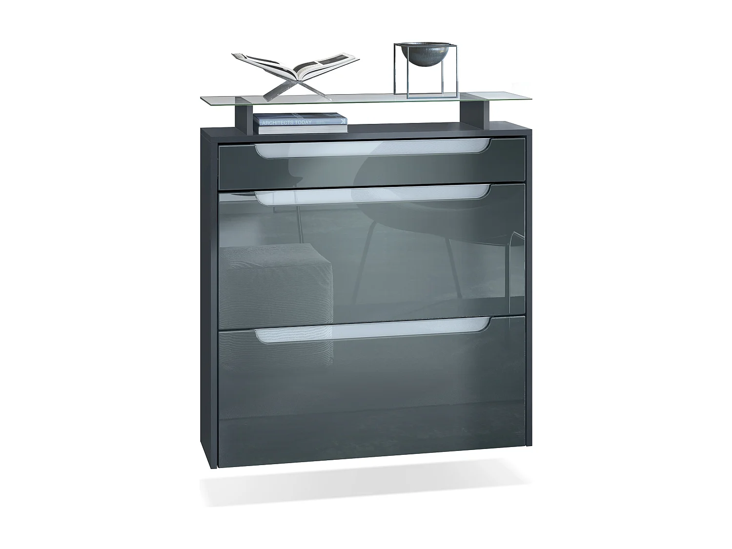 SCHUHSCHRANK Annie Fronten in Grau Hochglanz, Griffmulden in Weiß Hochglanz