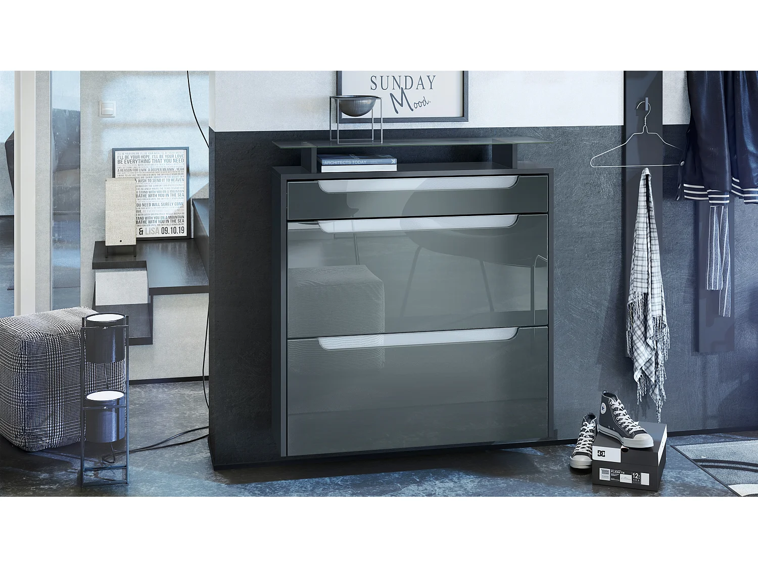 SCHUHSCHRANK Annie Fronten in Grau Hochglanz, Griffmulden in Weiß Hochglanz