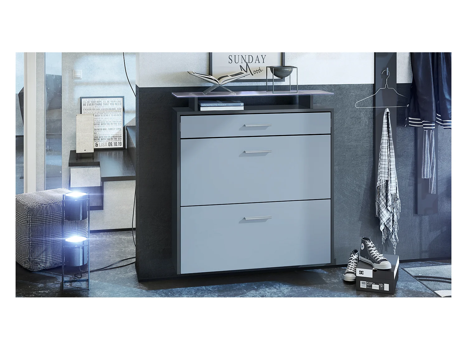 Armoire à chaussures Malea de , anthracite mat/denim mat y compris LED - basculeur à chaussures suspendu pour 16 paires de chaussures (89 x 96 x 23 cm)