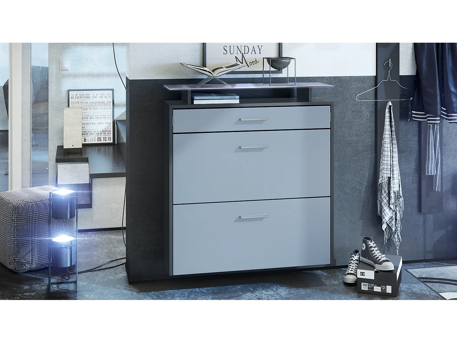 Scarpiera Vladon Malea, antracite opaco /denim opaco incl. LED - carrello appeso per 16 paia di scarpe (89 x 96 x 23 cm)