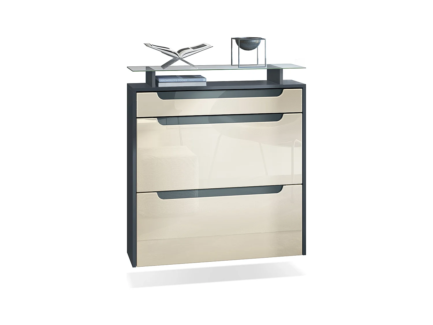 Meuble chaussures Annie pour 16 paires de chaussures avec clapets et tablette en verre, Anthracite mat/Crème brillant, poignées Gris brillant (89x96x23 cm)