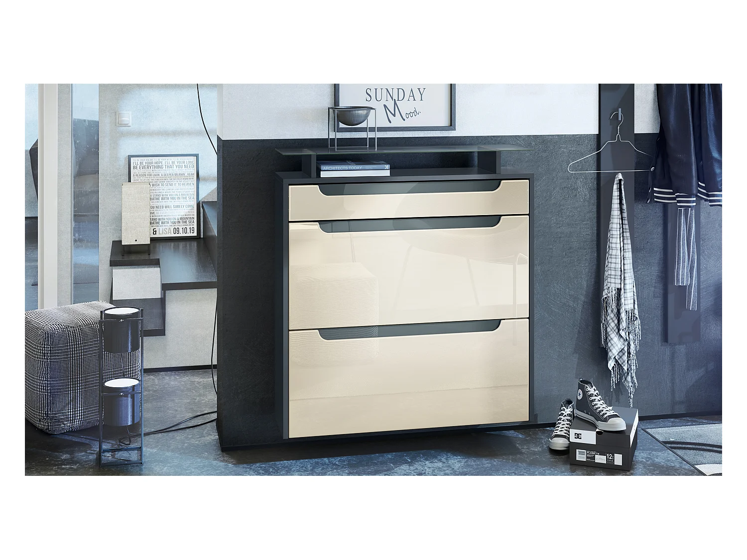 Meuble chaussures Annie pour 16 paires de chaussures avec clapets et tablette en verre, Anthracite mat/Crème brillant, poignées Gris brillant (89x96x23 cm)