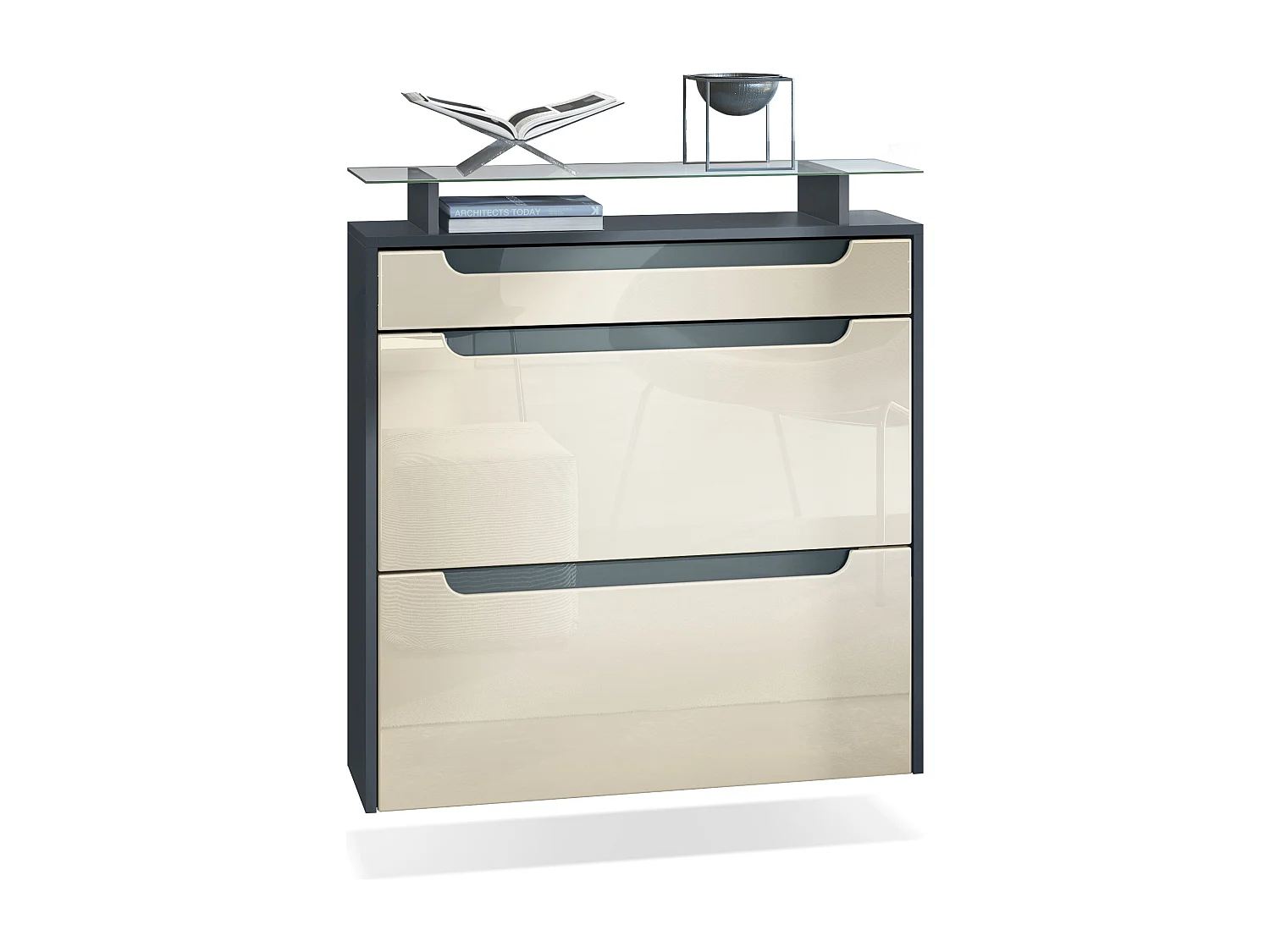 Scarpiera  Annie per 16 paia di scarpe con 2 ante a ribalta e ripiano in vetro, antracite/bianco lucido, maniglie incassate in grigio lucido (89 x 96 x 23 cm)