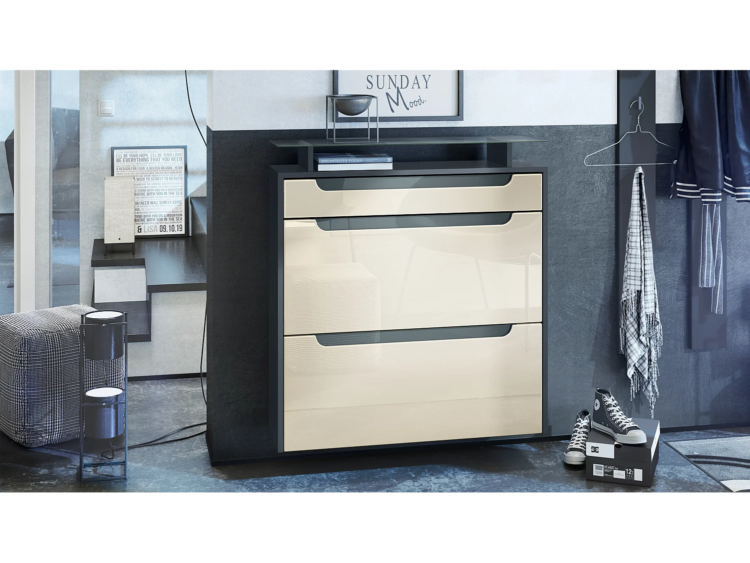 Scarpiera  Annie per 16 paia di scarpe con 2 ante a ribalta e ripiano in vetro, antracite/bianco lucido, maniglie incassate in grigio lucido (89 x 96 x 23 cm)