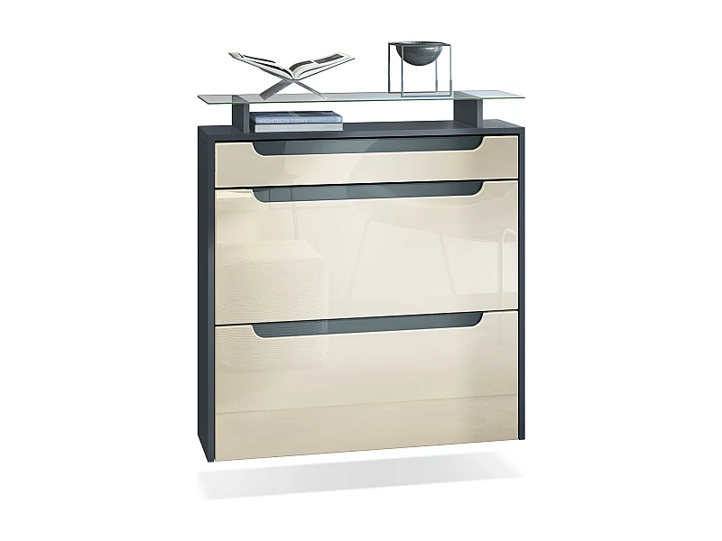 Scarpiera  Annie per 16 paia di scarpe con 2 ante a ribalta e ripiano in vetro, antracite/bianco lucido, maniglie incassate in grigio lucido (89 x 96 x 23 cm)