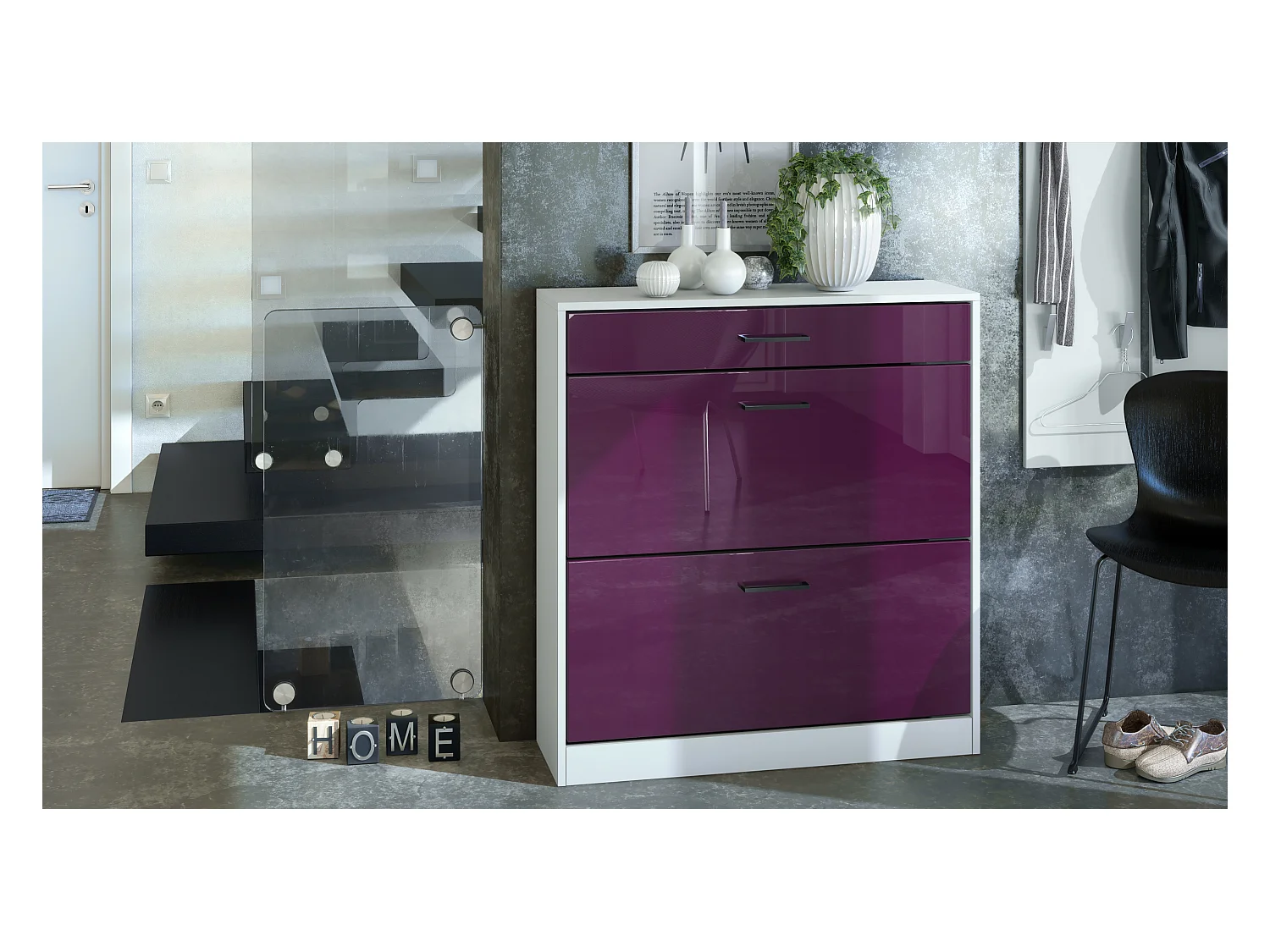 Armoire à chaussures inclinable Elvas 89 x 95,5 x 27 cm, caisson en blanc mat, façade en Mûre laqué haute brillance