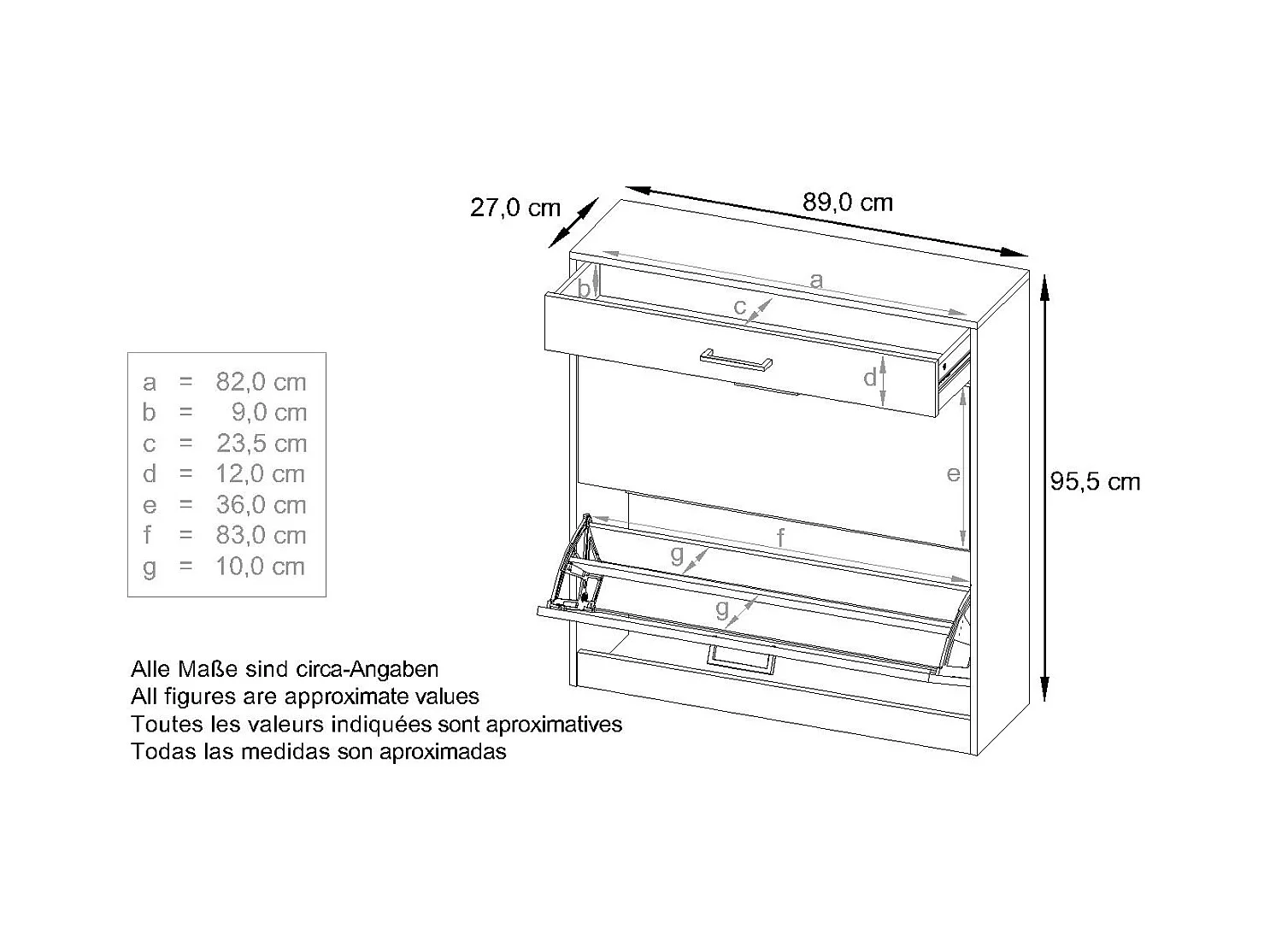 Armoire à chaussures inclinable Elvas 89 x 95,5 x 27 cm, caisson en blanc mat, façade en Mûre laqué haute brillance