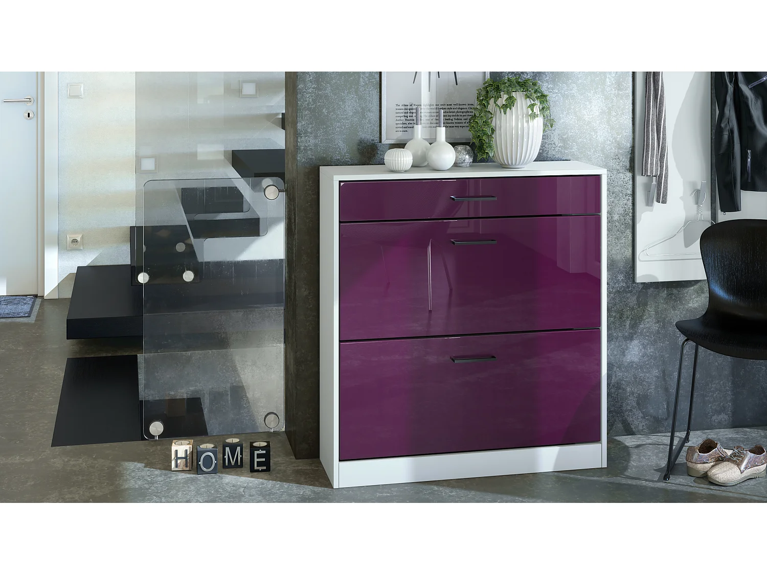 Mobile scarpiera Elvas 89 x 95,5 x 27 cm, Struttura in bianco opaco, frontale in violetto-porpora lucido | Molteplici opzioni di colore