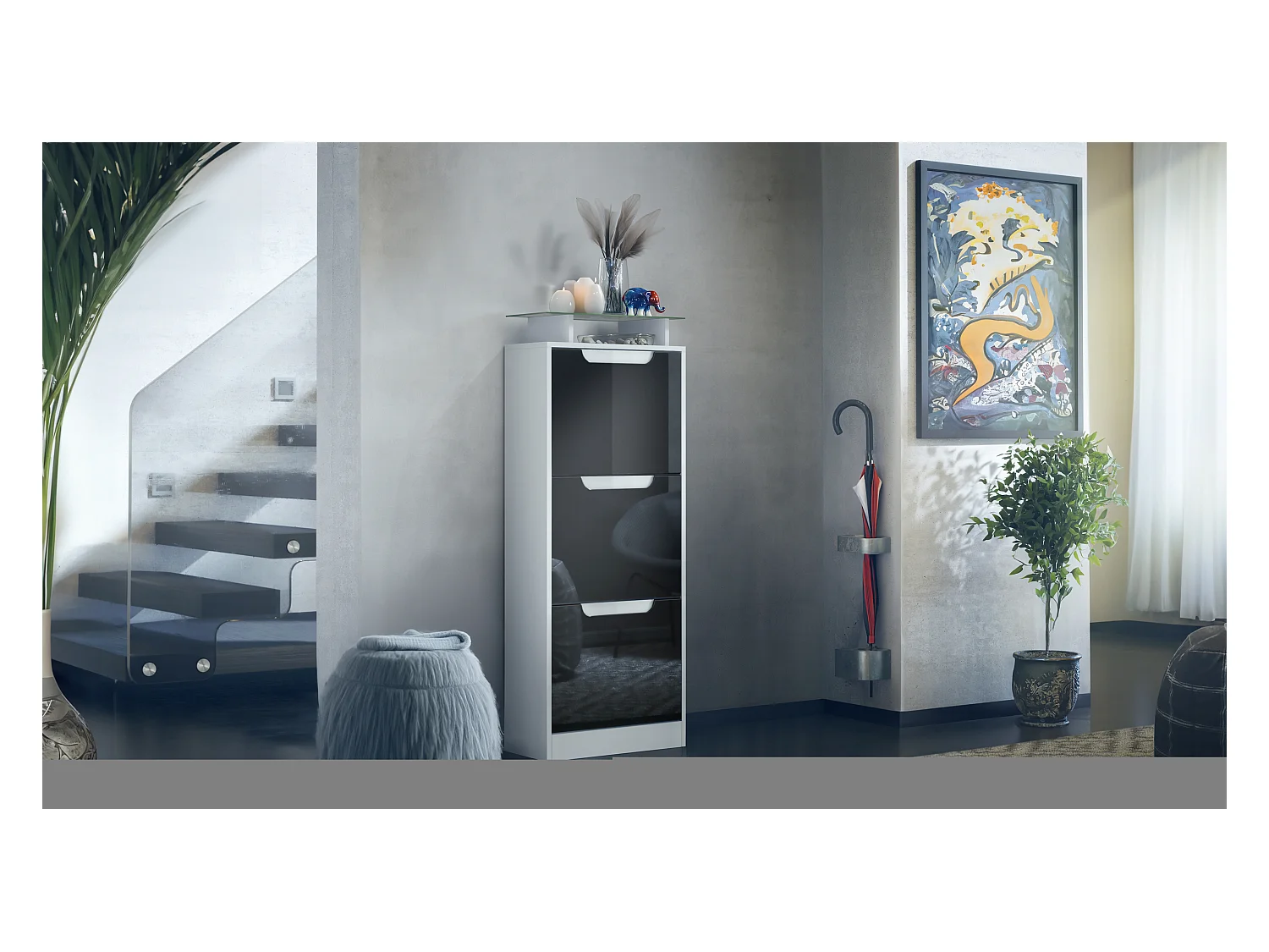 Meuble à chaussures Space V2, Range-chaussures pour 12 paires de chaussures avec 3 abattants et étagère en verre, blanc mat/noir brillant (46 x 128 x 23 cm)