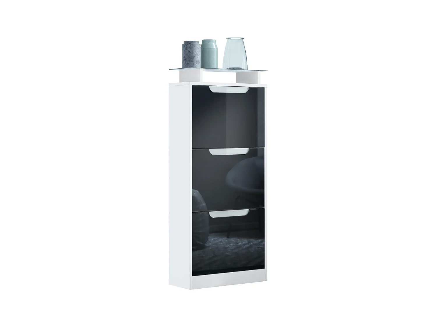 Meuble à chaussures Space V2, Range-chaussures pour 12 paires de chaussures avec 3 abattants et étagère en verre, blanc mat/noir brillant (46 x 128 x 23 cm)
