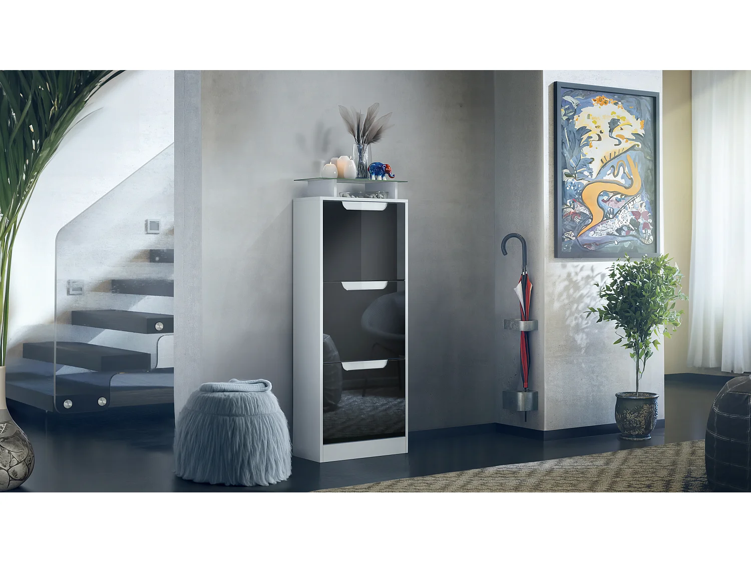 Vladon Scarpiera Space V2, Scarpiera per 12 paia di scarpe con 3 ribalte e ripiano in vetro, bianco opaco/nero lucido (46 x 128 x 23 cm)