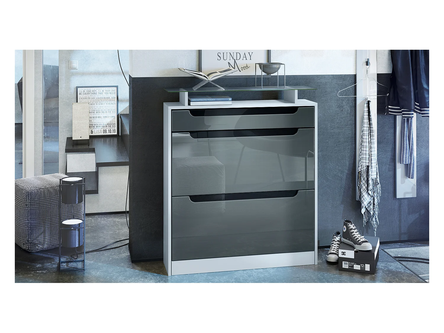 SCHUHSCHRANK Fiesta Grau Hochglanz / Schwarz Hochglanz