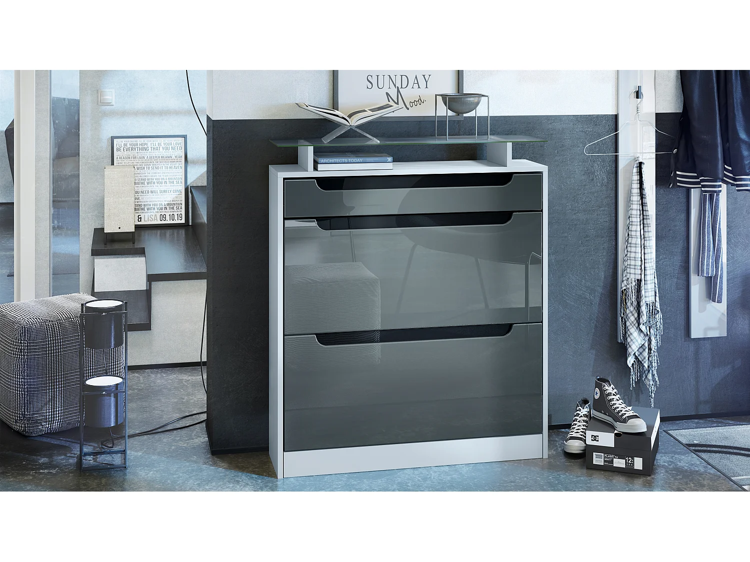 Armoire à chaussures Fiesta, blanc mat/gris haute brillance/noir haute brillance - basculeur pour 16 paires de chaussures (89 x 104 x 23 cm)