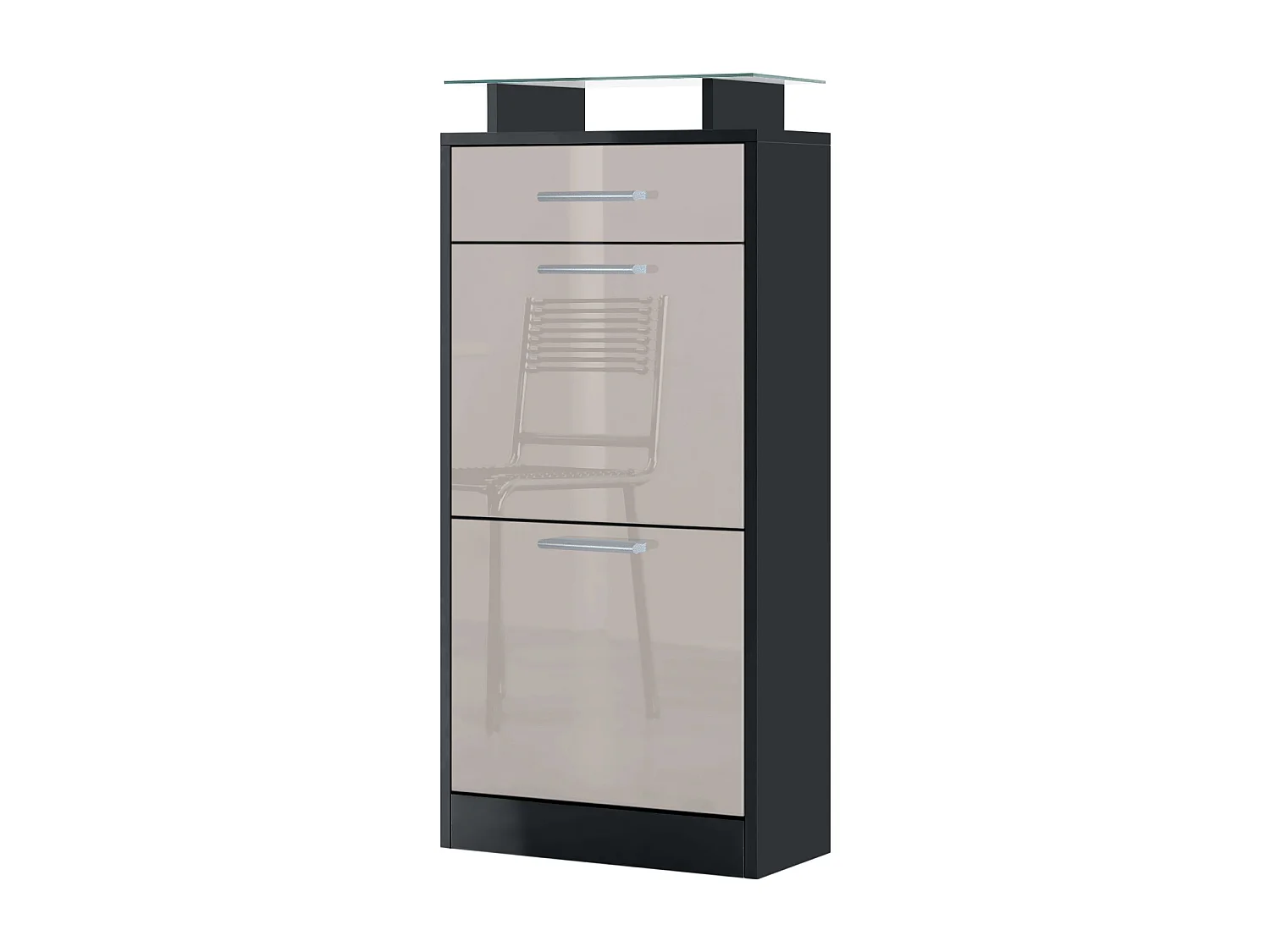 Meuble chaussure Loret V2, Étagère à chaussures pour 8 paires de chaussures avec 2 clapets, 1 tiroir, Noir mat/Gris sable brillant (46 x 104 x 23 cm)