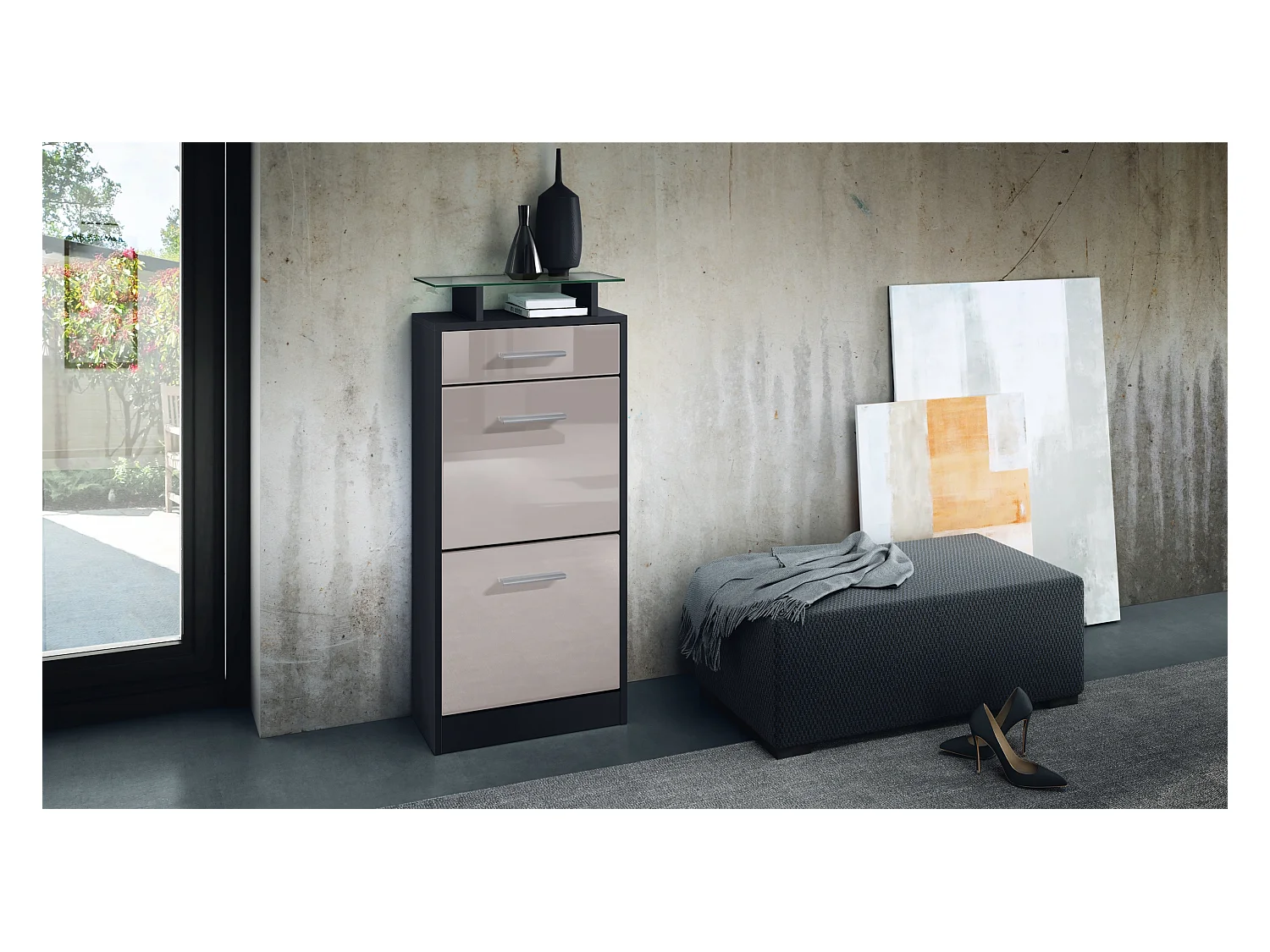 Meuble chaussure Loret V2, Étagère à chaussures pour 8 paires de chaussures avec 2 clapets, 1 tiroir, Noir mat/Gris sable brillant (46 x 104 x 23 cm)