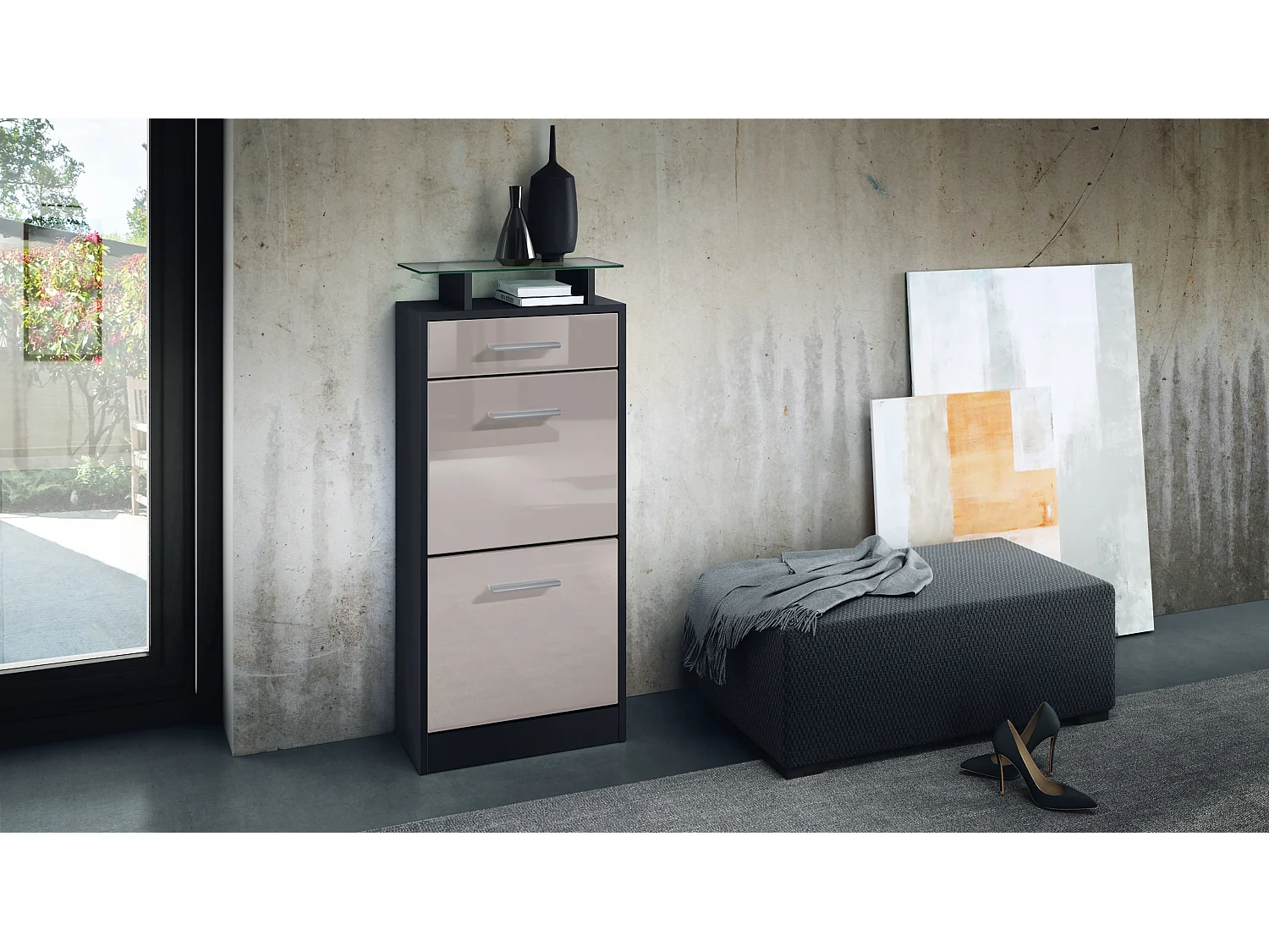 Meuble chaussure Loret V2, Étagère à chaussures pour 8 paires de chaussures avec 2 clapets, 1 tiroir, Noir mat/Gris sable brillant (46 x 104 x 23 cm)