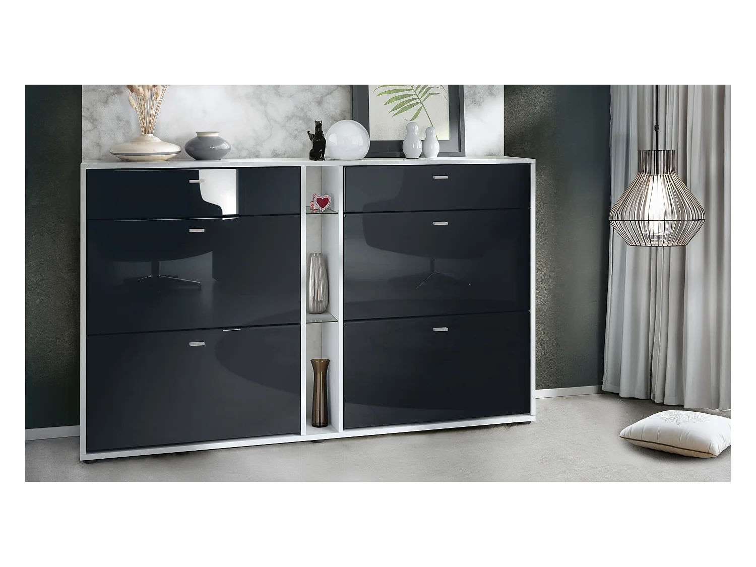 Meuble à chaussures à bascule Today 155,5 x 95 x 28 cm, corps en Blanc mat, façades en noir haute brillance