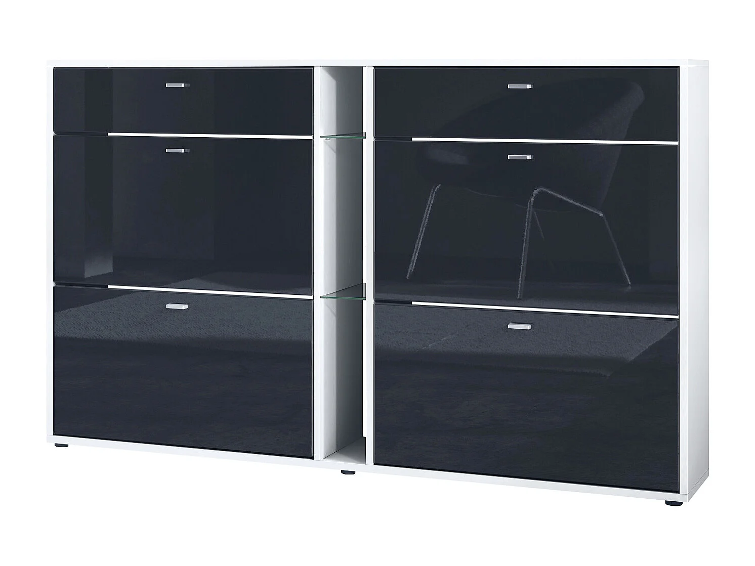 Scarpiera Today con 4 ante e 2 cassetti 155,5 x 95 x 28 cm, struttura in bianco opaco, frontali in nero lucido