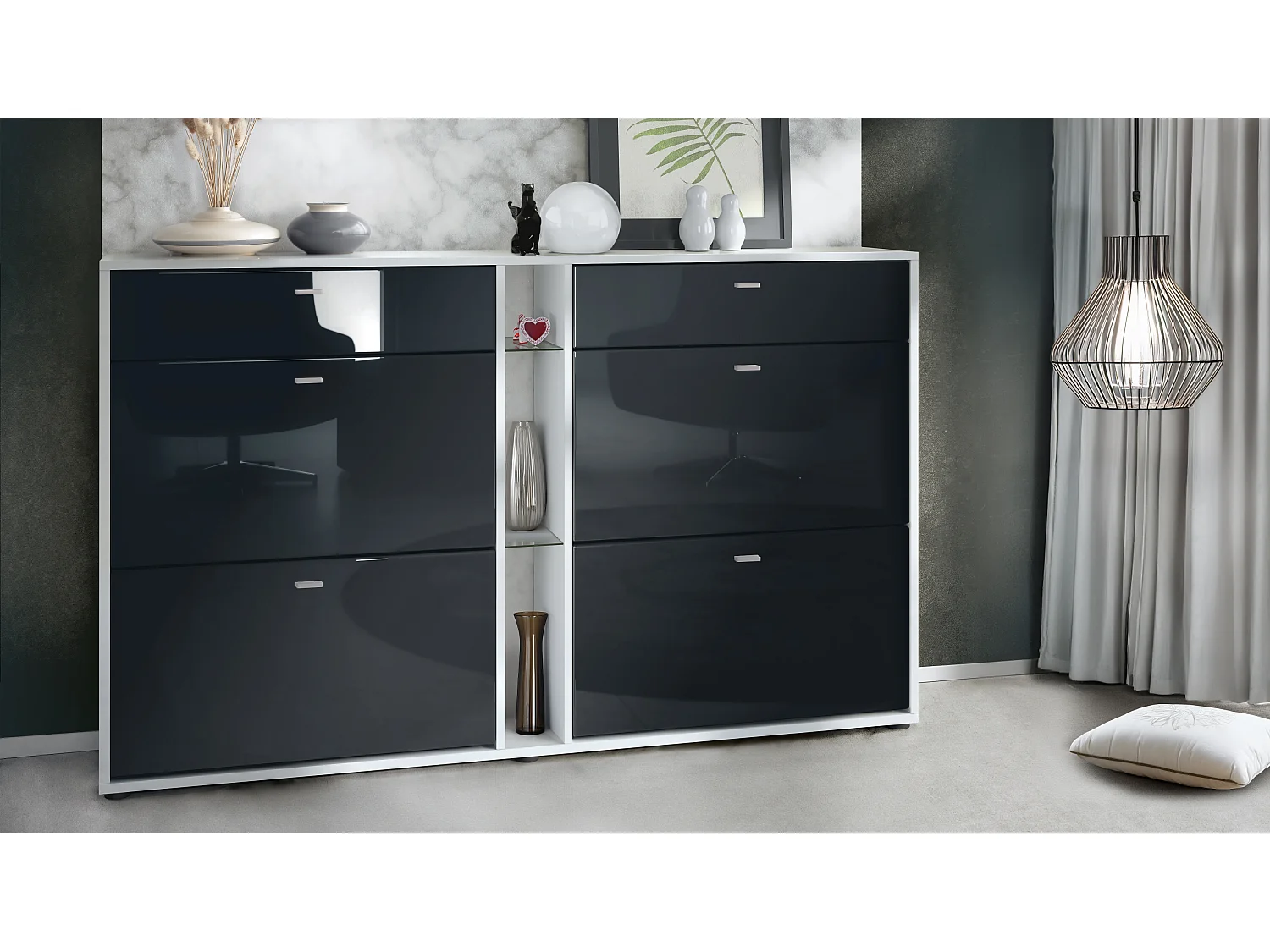 Scarpiera Today con 4 ante e 2 cassetti 155,5 x 95 x 28 cm, struttura in bianco opaco, frontali in nero lucido