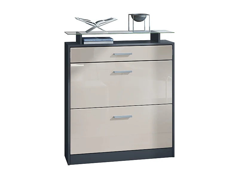 Meuble à chaussures Loret 89 x 104 x 23 cm pour 16 paires de chaussures, caisson en Anthracite mat et façades en Gris sable haute brillance