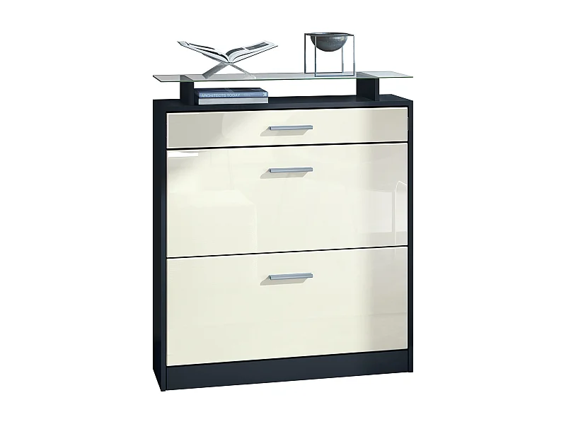 Meuble chaussure Loret, Étagère à chaussures pour 16 paires de chaussures avec 2 clapets à bascule, 1 tiroir, Noir mat/Crème brillant (89 x 104 x 23 cm)