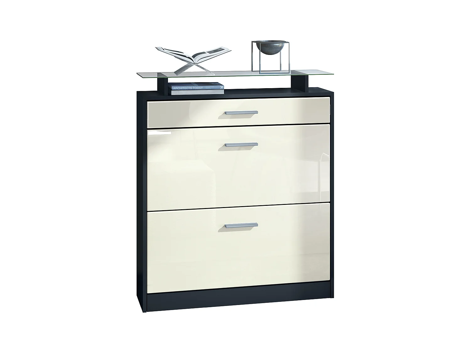 Meuble chaussure Loret, Étagère à chaussures pour 16 paires de chaussures avec 2 clapets à bascule, 1 tiroir, Noir mat/Crème brillant (89 x 104 x 23 cm)