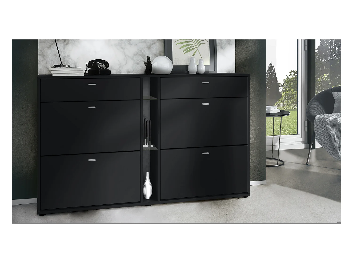 Zapatero con solapas Today 155,5 x 95 x 28 cm, estructura en Negro mate, frentes en negro mate