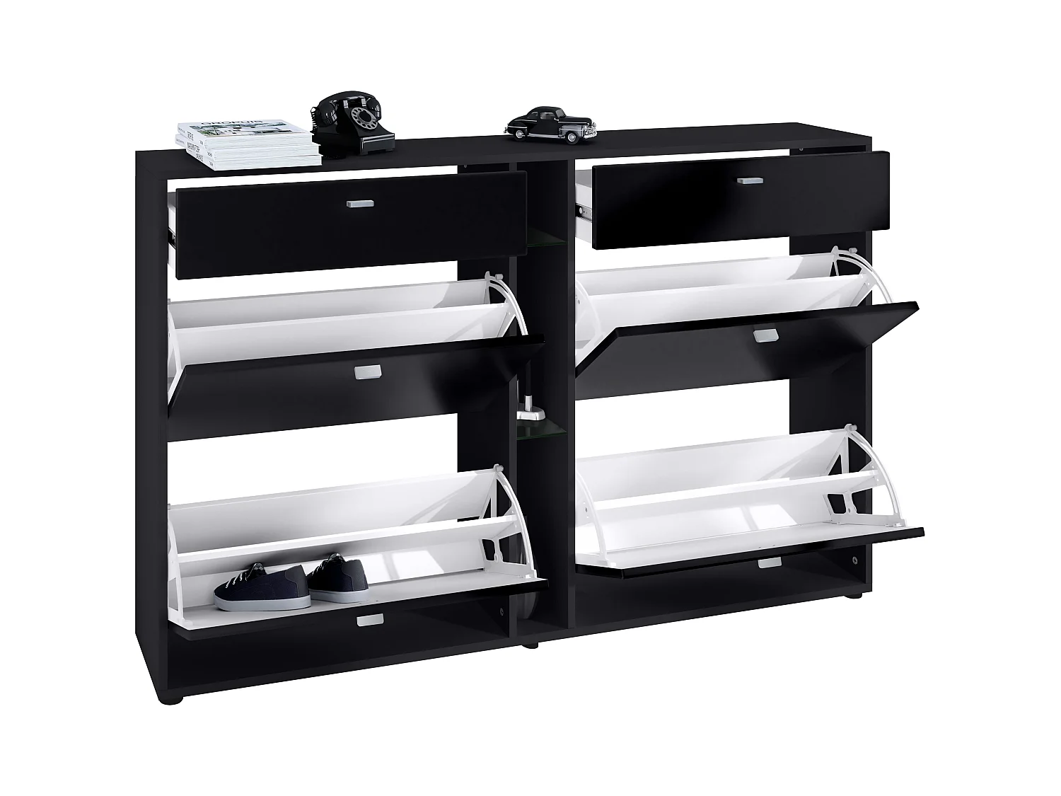 Zapatero con solapas Today 155,5 x 95 x 28 cm, estructura en Negro mate, frentes en negro mate