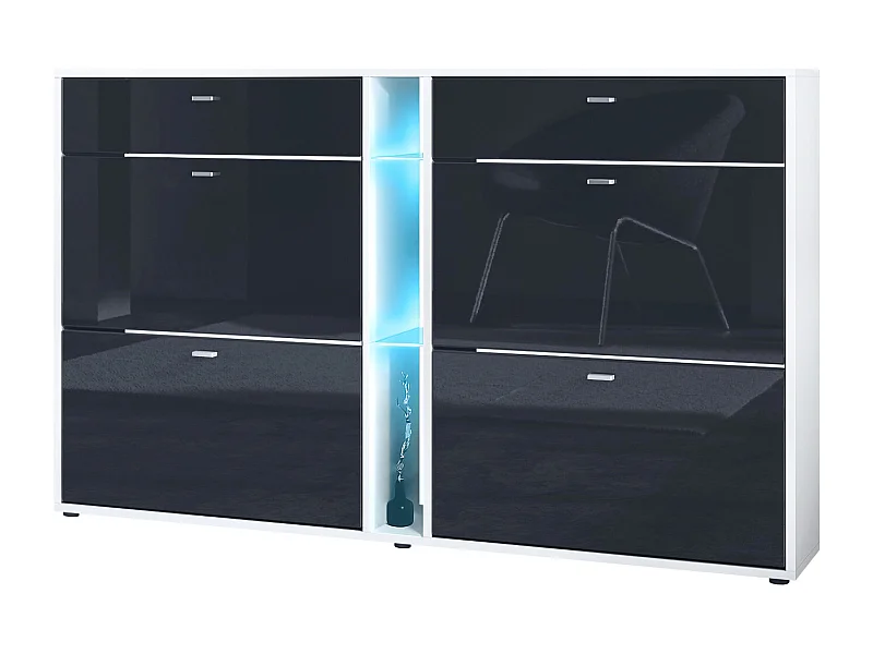 Zapatero con solapas Today 155,5 x 95 x 28 cm, con iluminación LED azul, estructura en Blanco mate, frentes en negro de alto brillo