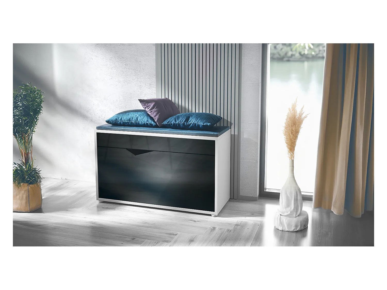 Banc à Chaussures Kolmio, Banc d'Assise pour 8 Paires de Chaussures, Étagère à Chaussures avec Siège, blanc mat/noir haute brillance (85 x 50 x 33 cm)