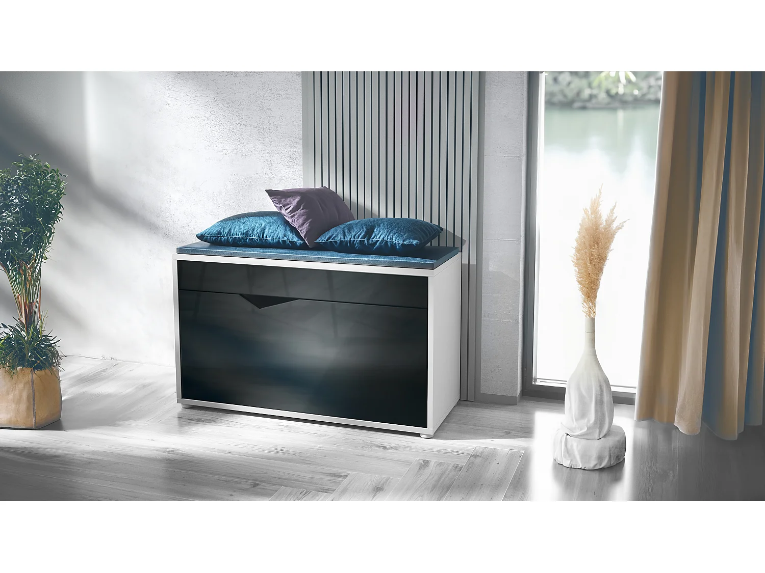 Banc à Chaussures Kolmio, Banc d'Assise pour 8 Paires de Chaussures, Étagère à Chaussures avec Siège, blanc mat/noir haute brillance (85 x 50 x 33 cm)