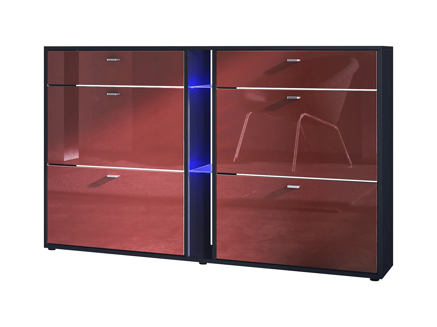 Meuble à chaussures à bascule Today 155,5 x 95 x 28 cm, avec un éclairage LED bleu, corps en Noir mat, façades en bordeaux haute brillance