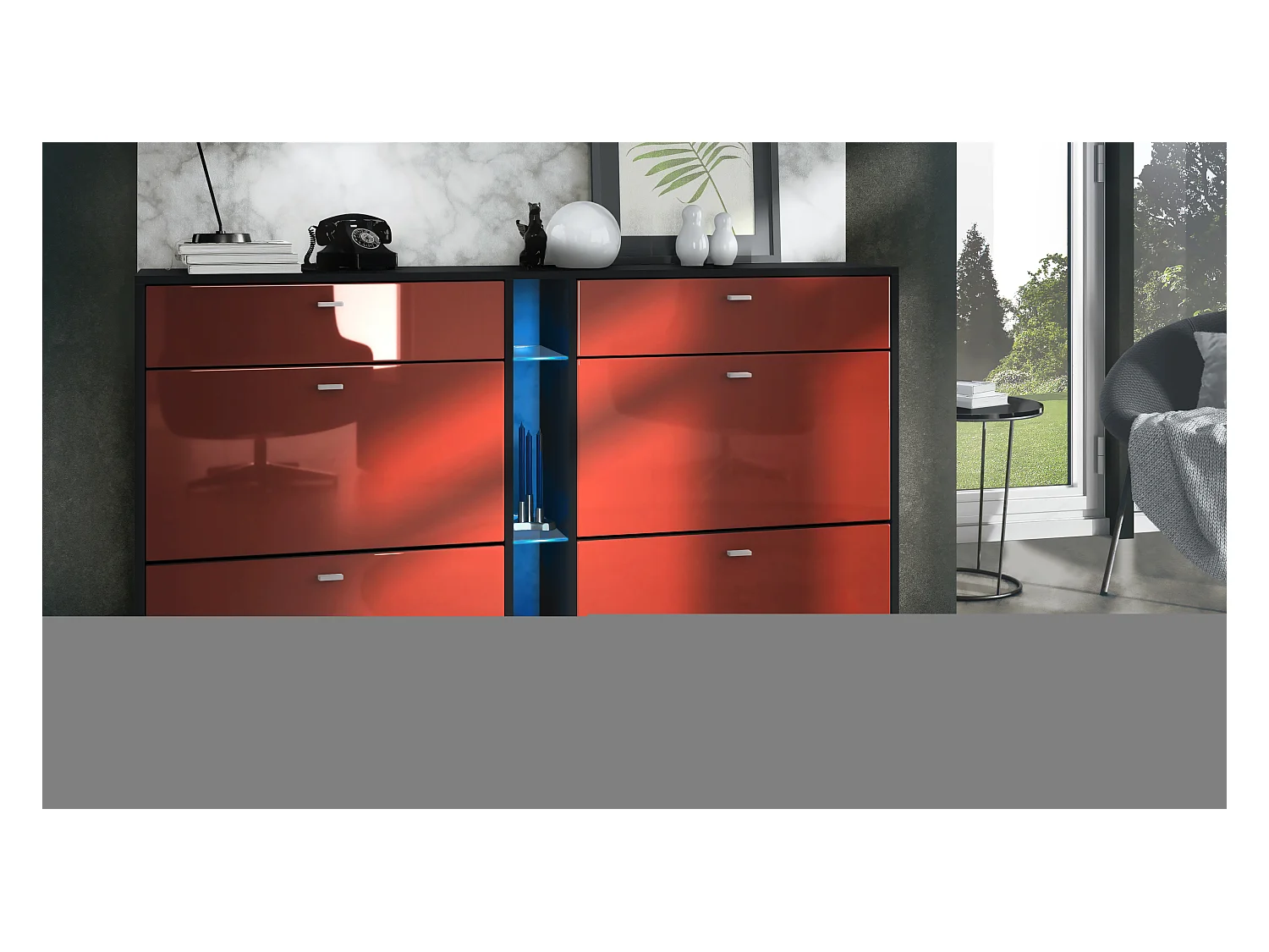 Meuble à chaussures à bascule Today 155,5 x 95 x 28 cm, avec un éclairage LED bleu, corps en Noir mat, façades en bordeaux haute brillance