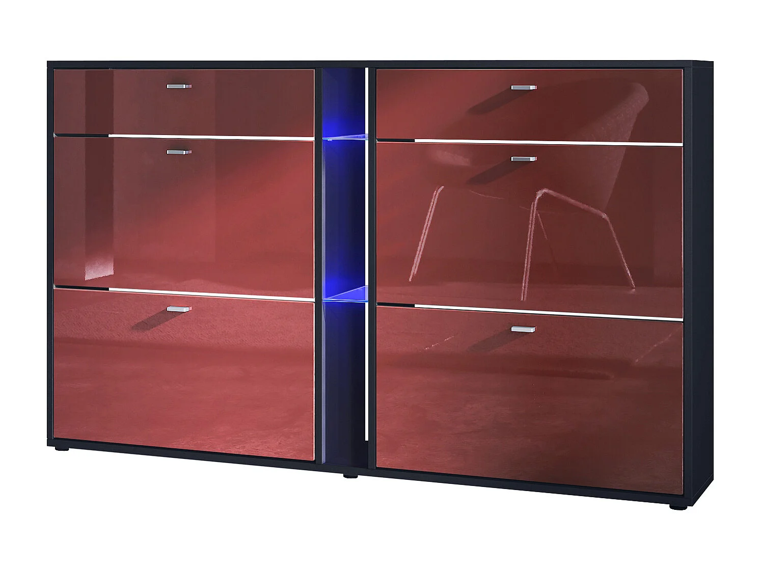 Scarpiera Today con 4 ante e 2 cassetti 155,5 x 95 x 28 cm, con illuminazione LED blu, struttura in nero opaco, frontali in bordeaux lucido