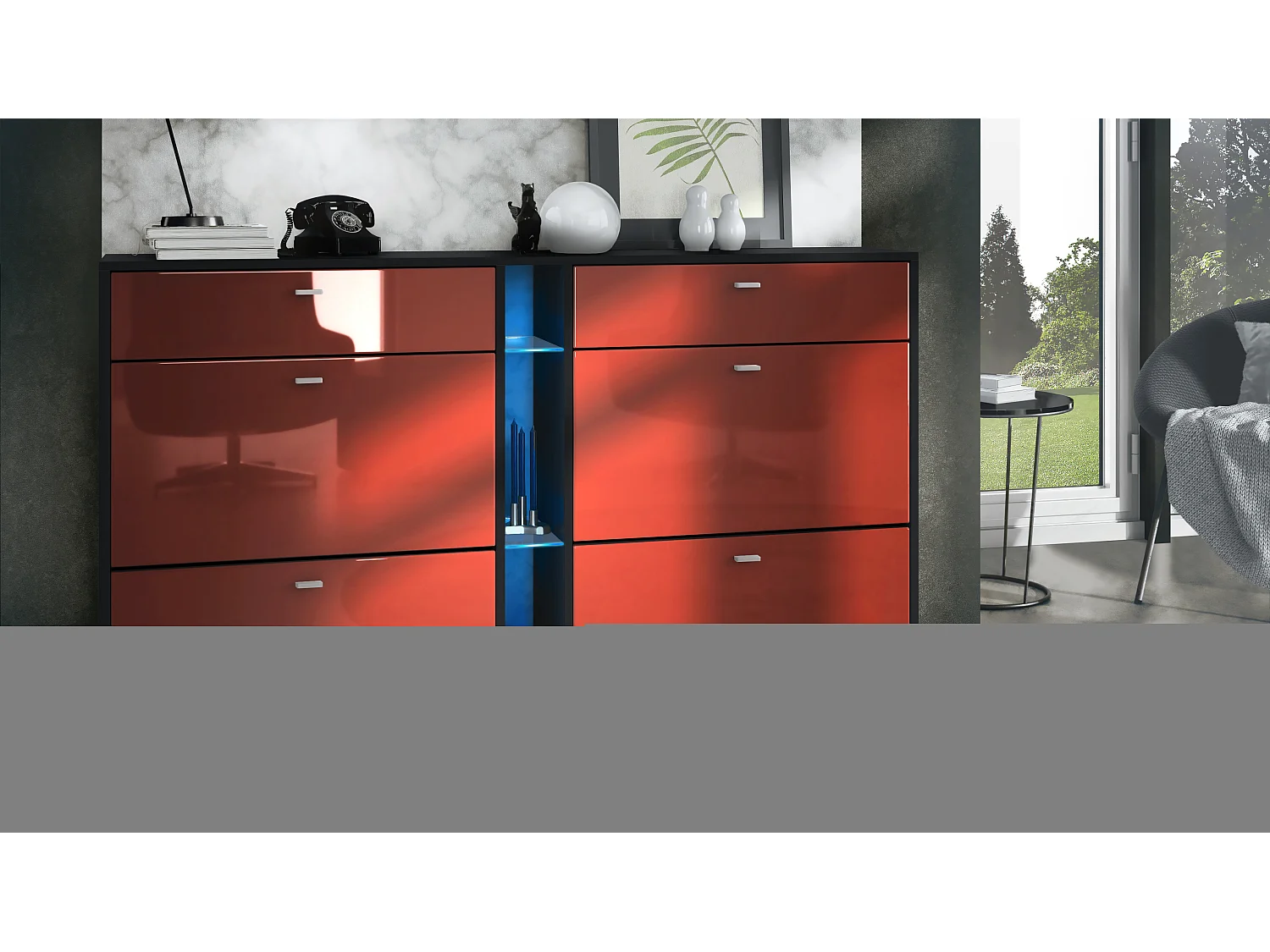 Scarpiera Today con 4 ante e 2 cassetti 155,5 x 95 x 28 cm, con illuminazione LED blu, struttura in nero opaco, frontali in bordeaux lucido