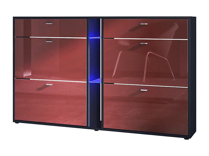Scarpiera Today con 4 ante e 2 cassetti 155,5 x 95 x 28 cm, con illuminazione LED blu, struttura in nero opaco, frontali in bordeaux lucido