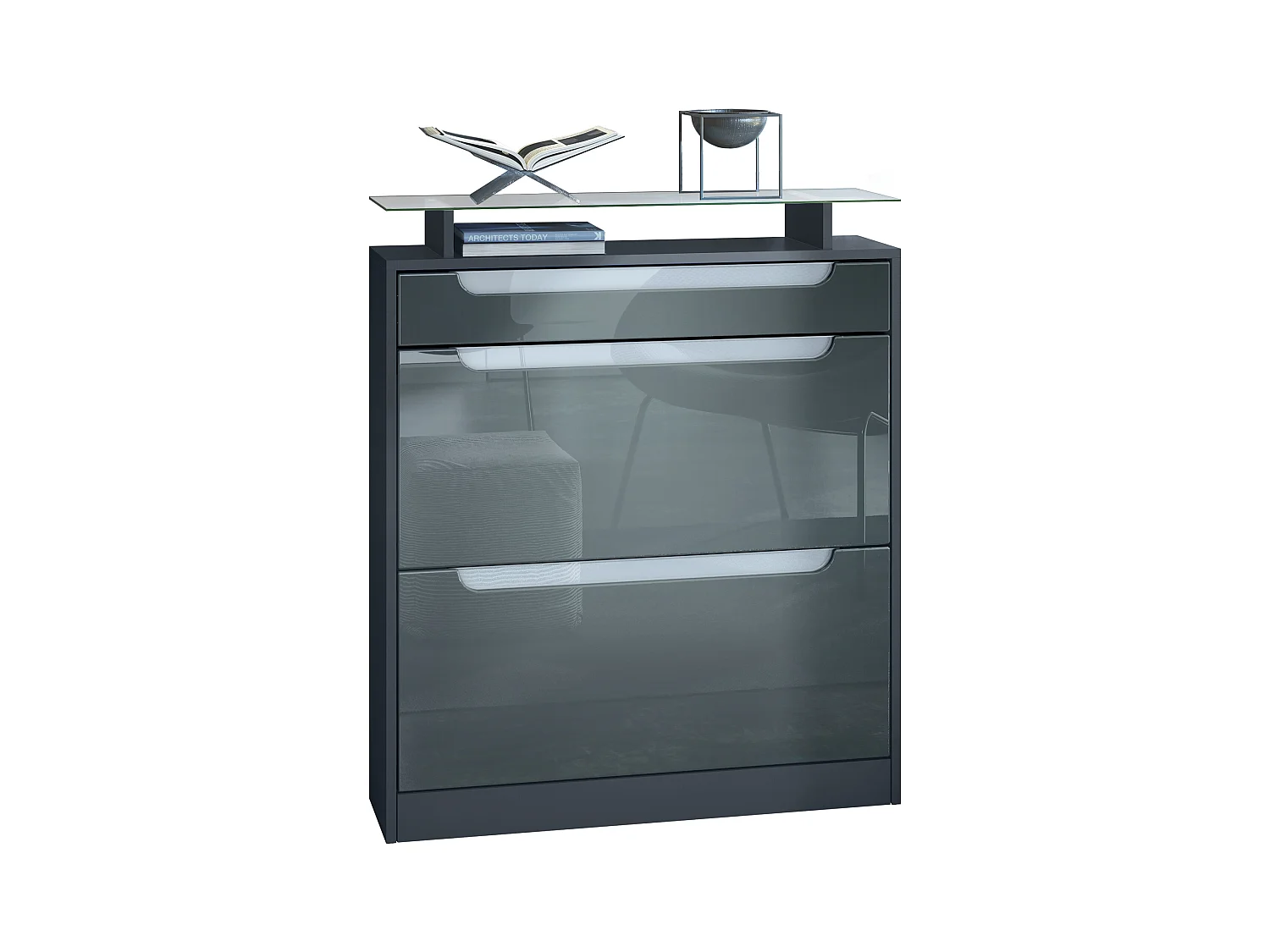 Scarpiera  Fiesta per 16 paia di scarpe con 2 ante a ribalta e ripiano in vetro, antracite/ grigio lucido, maniglie incassate in bianco lucido (89 x 104 x 23 cm)