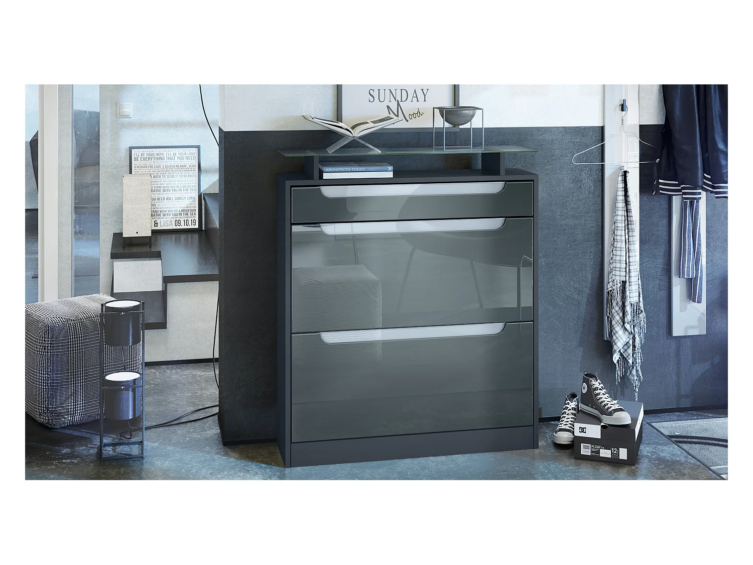 Scarpiera  Fiesta per 16 paia di scarpe con 2 ante a ribalta e ripiano in vetro, antracite/ grigio lucido, maniglie incassate in bianco lucido (89 x 104 x 23 cm)