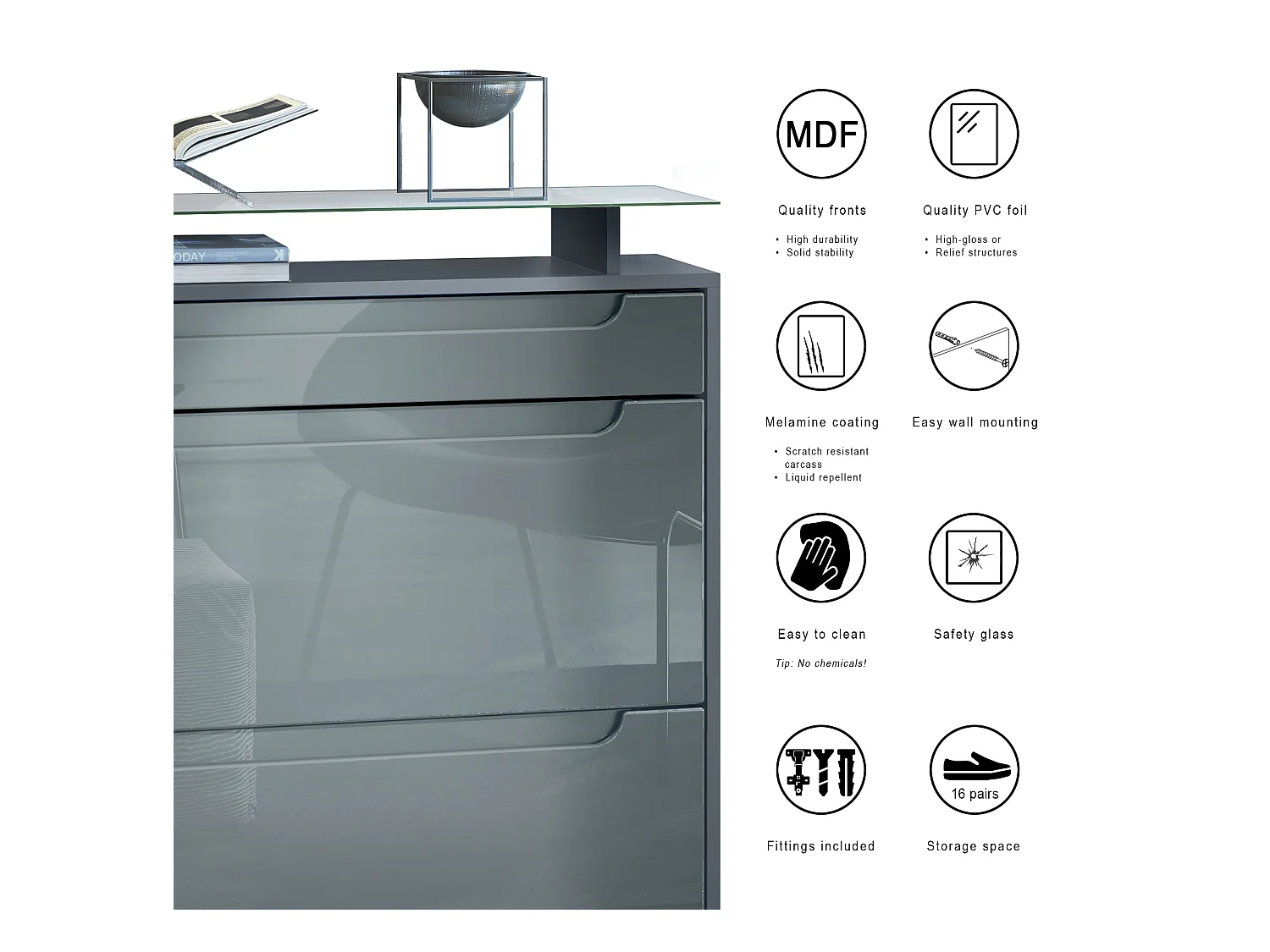 Scarpiera  Fiesta per 16 paia di scarpe con 2 ante a ribalta e ripiano in vetro, antracite/ grigio lucido, maniglie incassate in bianco lucido (89 x 104 x 23 cm)