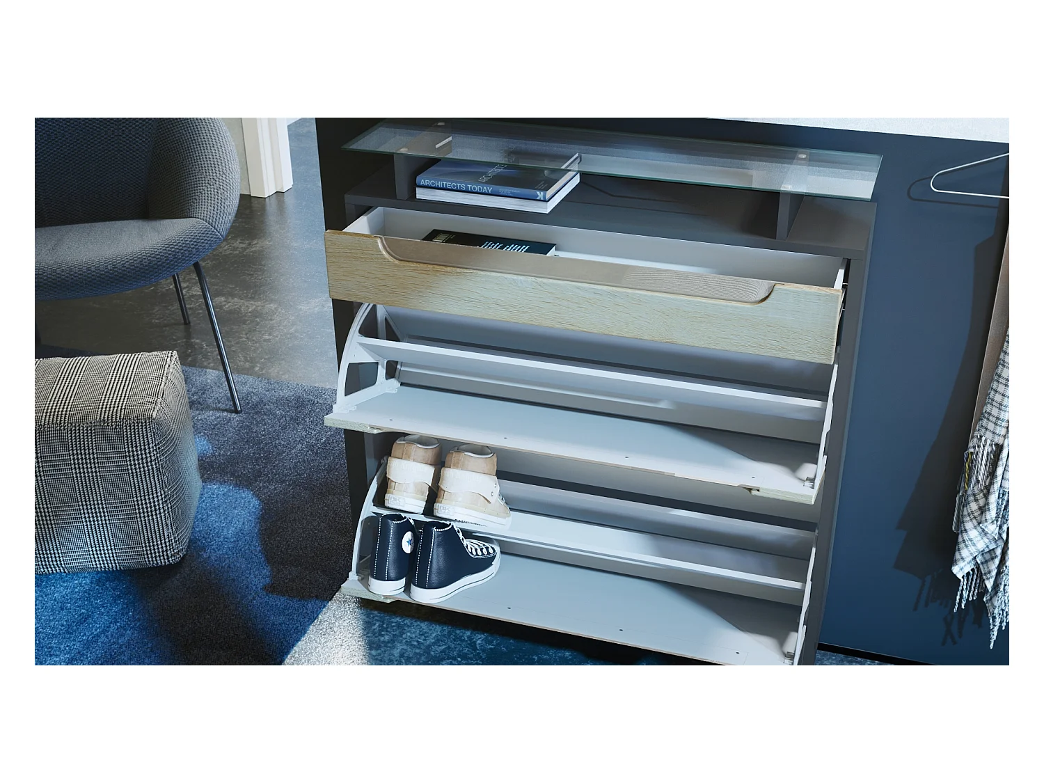 SCHUHSCHRANK Fiesta Fronten in Grau Hochglanz, Griffmulden in Weiß Hochglanz