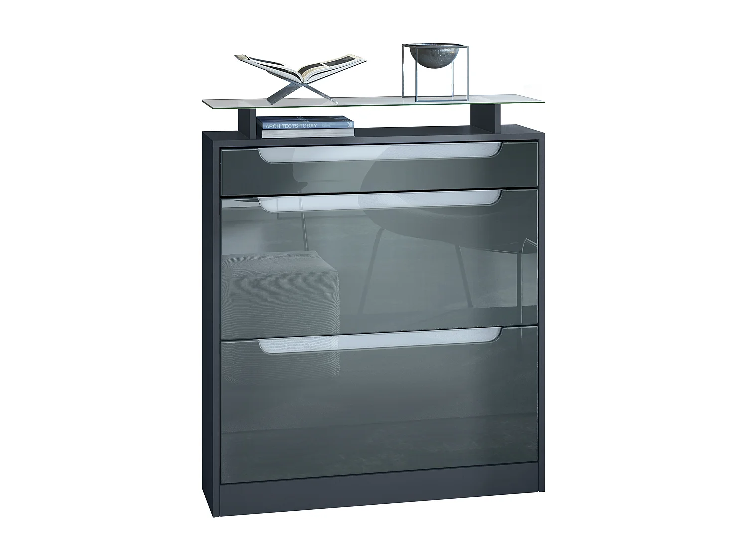 SCHUHSCHRANK Fiesta Fronten in Grau Hochglanz, Griffmulden in Weiß Hochglanz