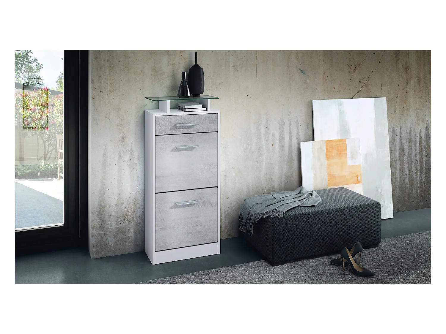 Meuble chaussure Loret V2, Étagère à chaussures pour 8 paires de chaussures avec 2 clapets, 1 tiroir, Blanc mat/Aspect Béton Oxyde (46 x 104 x 23 cm)