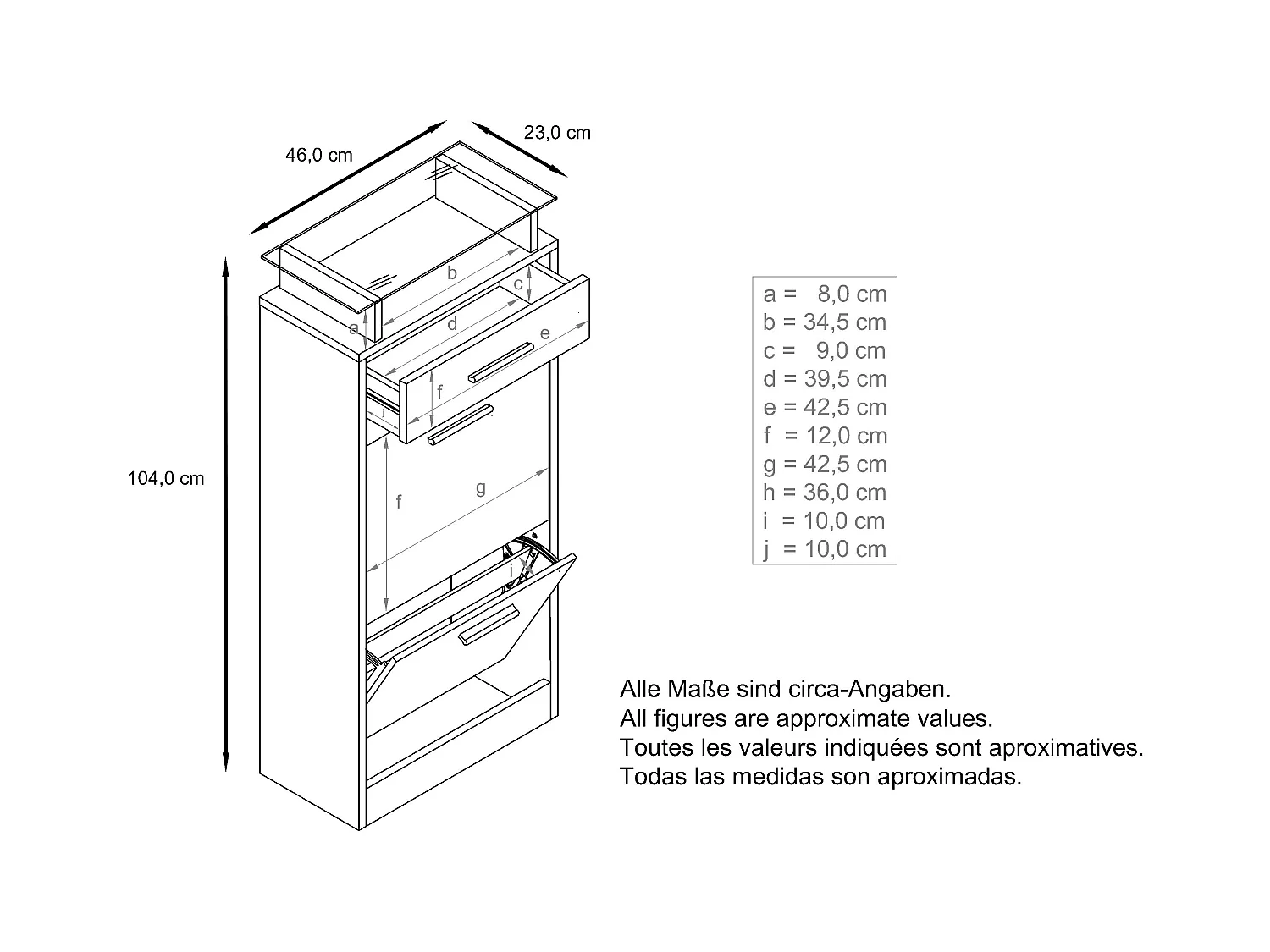 Meuble chaussure Loret V2, Étagère à chaussures pour 8 paires de chaussures avec 2 clapets, 1 tiroir, Blanc mat/Aspect Béton Oxyde (46 x 104 x 23 cm)