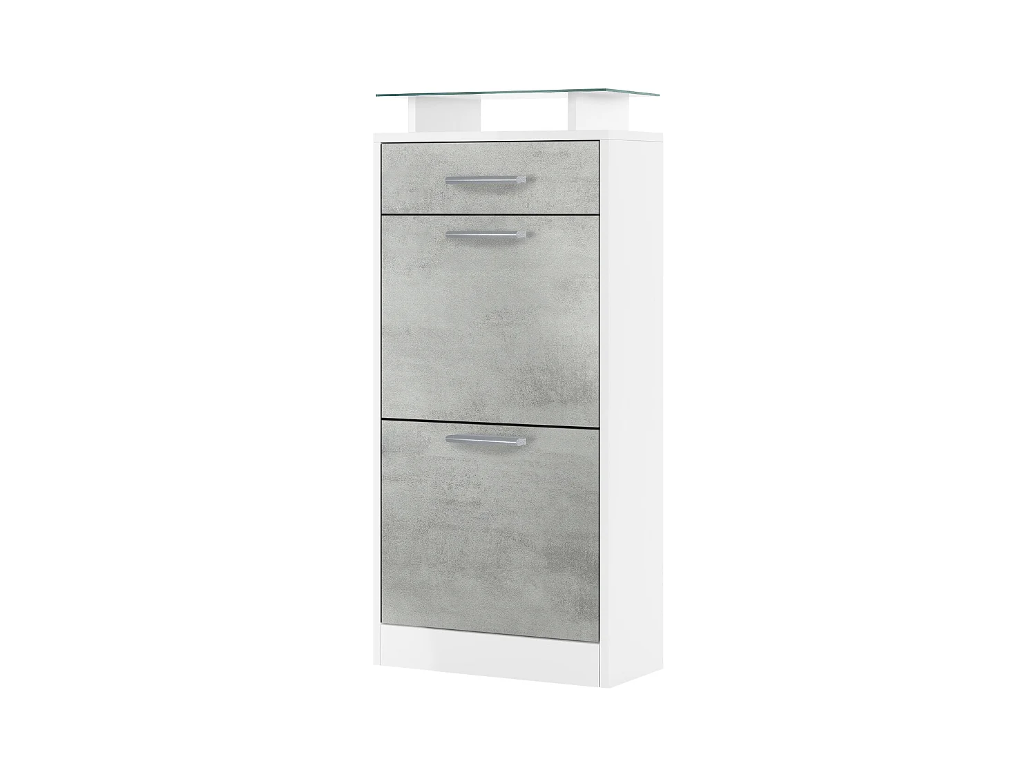 Meuble chaussure Loret V2, Étagère à chaussures pour 8 paires de chaussures avec 2 clapets, 1 tiroir, Blanc mat/Aspect Béton Oxyde (46 x 104 x 23 cm)