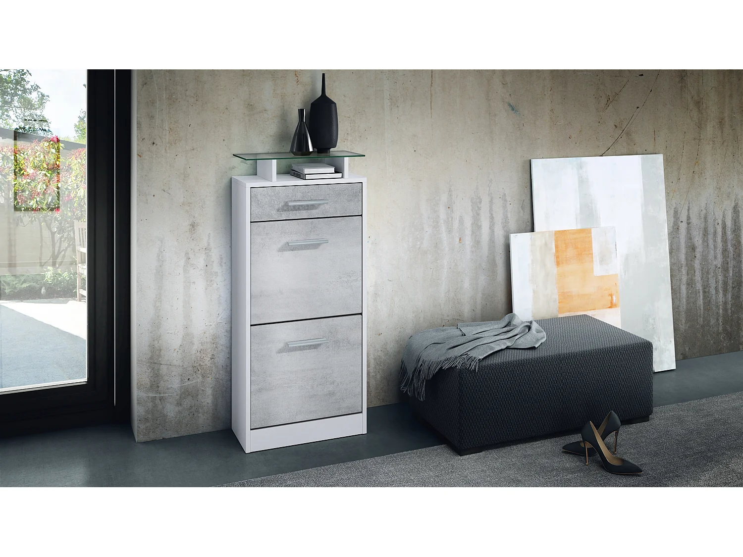 Meuble chaussure Loret V2, Étagère à chaussures pour 8 paires de chaussures avec 2 clapets, 1 tiroir, Blanc mat/Aspect Béton Oxyde (46 x 104 x 23 cm)