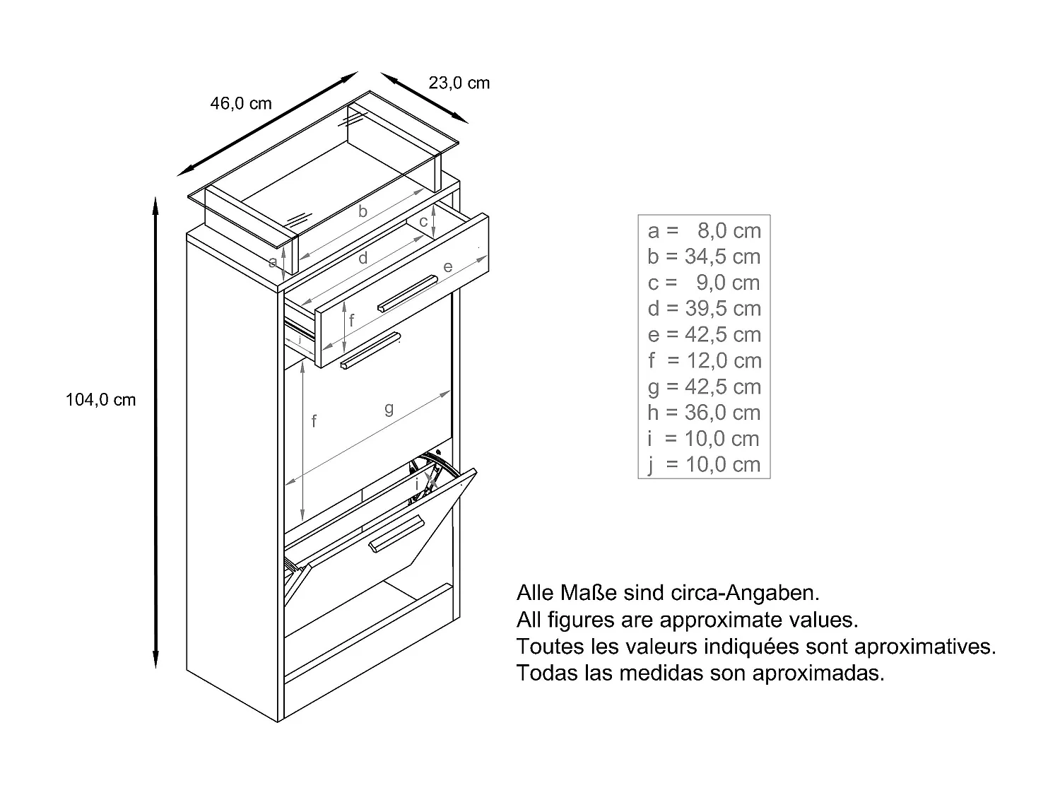 Meuble chaussure Loret V2, Étagère à chaussures pour 8 paires de chaussures avec 2 clapets, 1 tiroir, Blanc mat/Aspect Béton Oxyde (46 x 104 x 23 cm)