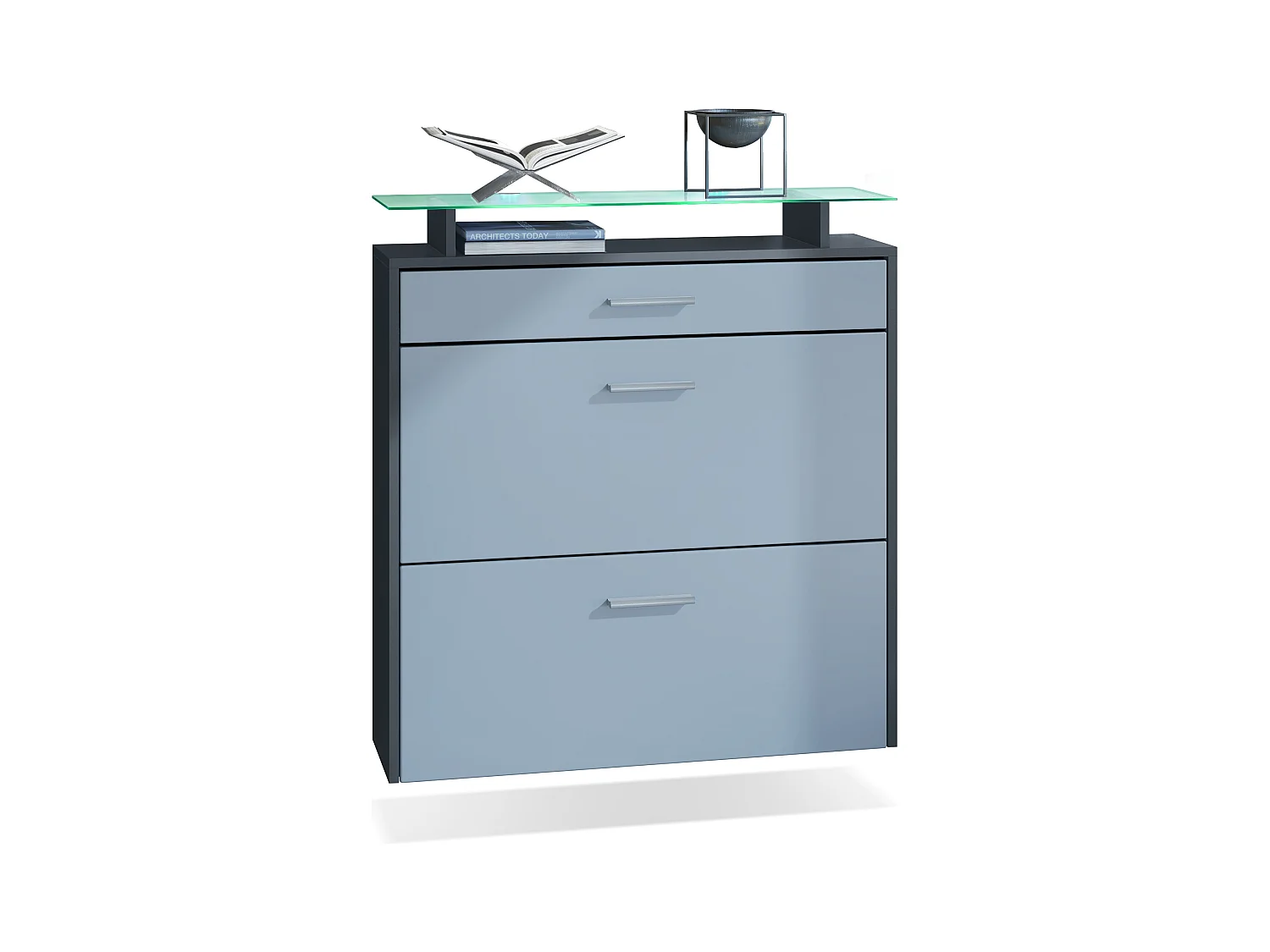 Armoire à chaussures Malea de , anthracite mat/denim mat y compris LED - basculeur à chaussures suspendu pour 16 paires de chaussures (89 x 96 x 23 cm)